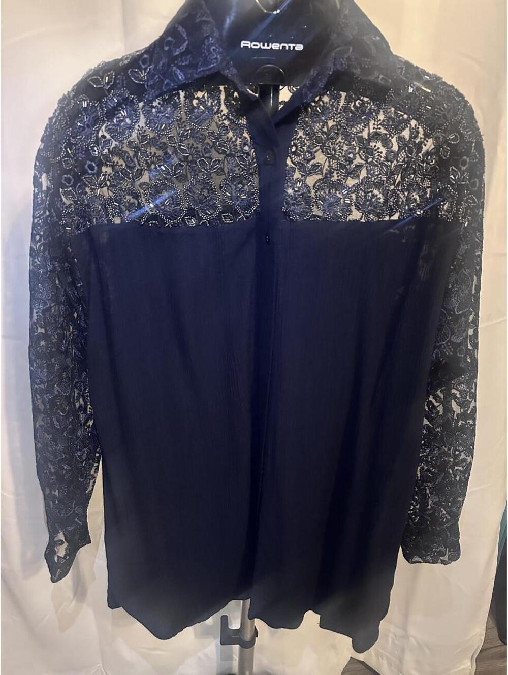 Vintage Navy blue lace sequin blouse with lace overlay on shoulders and sleeves.